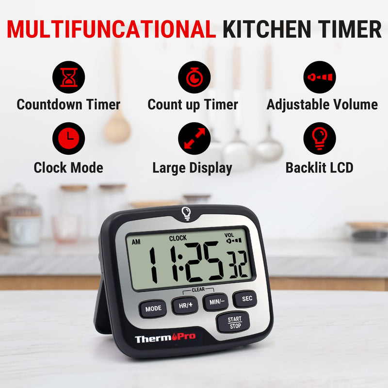 ThermoPro TM01(2 Pack) Kitchen Timers for Cooking with Count Up Countdown Timer, Digital Timer for Kids with Touch Backlit, Study Timers for Classroom Teacher Supplies Silver 2 pack