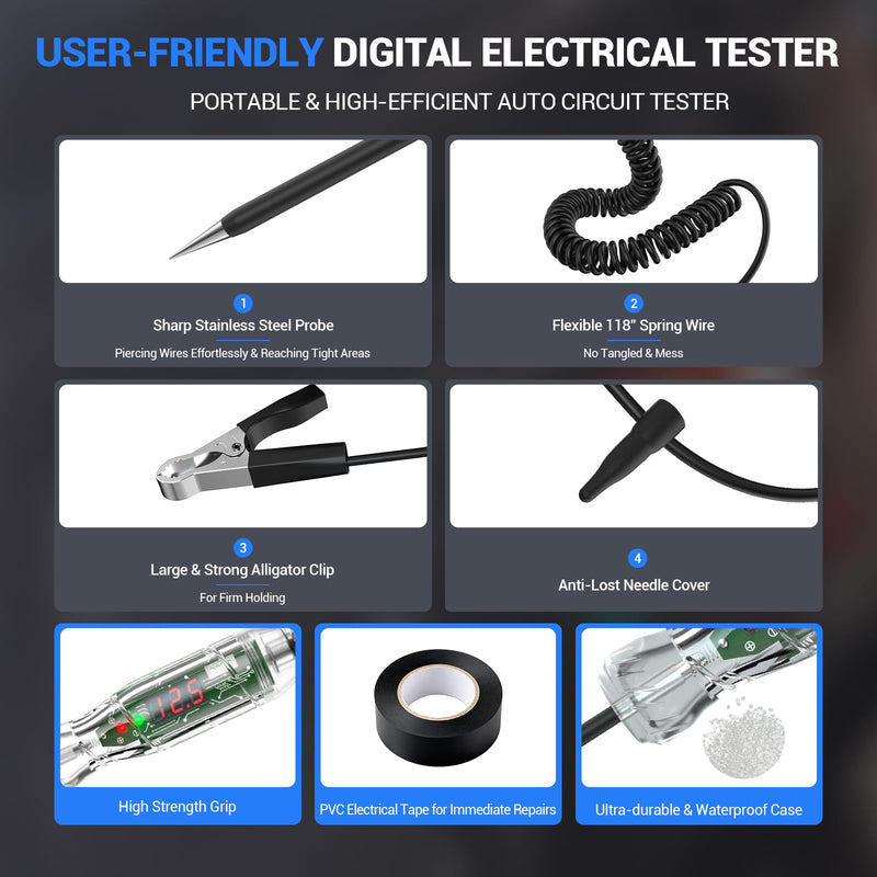 Automotive Test Light VDIAGTOOL P60 3-70V LED Digital Voltage Display, Circuit Tester with Voltmeter & Dual Polarity Indicator Light, Tester Electric, Bidirectional Voltage Tester w/Stainless Probe