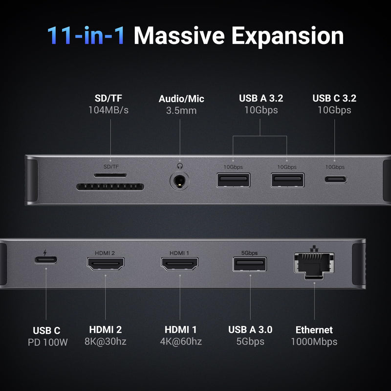 UGREEN Revodok Pro 211 Laptop Docking Station 11 in 1 USB C Dock Dual HDMI 4K@60Hz Single 8K@30Hz 10Gbps Data Port 100W PD Gigabit Ethernet, SD/TF Card Reader Compatible for Thinkpad, Zenbook and more