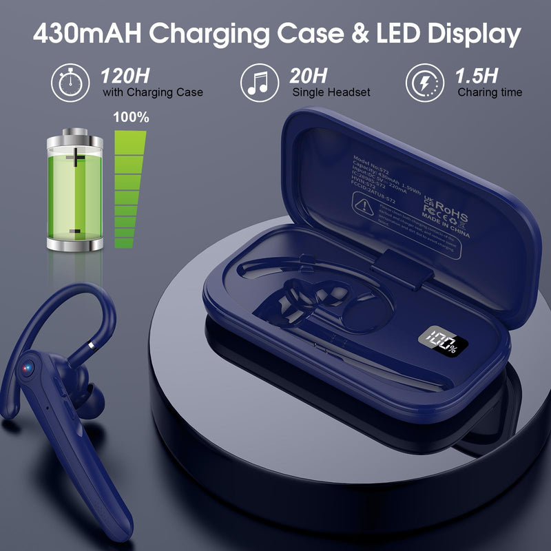 Atheewon Bluetooth Headset, Wireless Bluetooth Earpiece, Blue | ENC Noise Canceling Mic, 120Hrs Talk, LED Display, IPX7, V5.4 Hand-Free Earphone for Business/Trucker/Driver