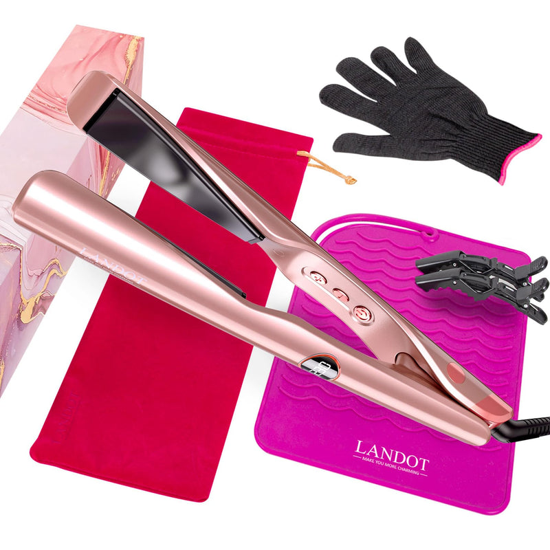 LANDOT Hair Straighteners and Curlers in One Ceramic Curved Twist Flat Iron | Multi Styler, Straighten Curl Wave, Tourmaline Ionic Smooth Glide, Anti-Frizz, 12 Temps 120-230°C, All Hair Types, Fast Heat Rose Gold