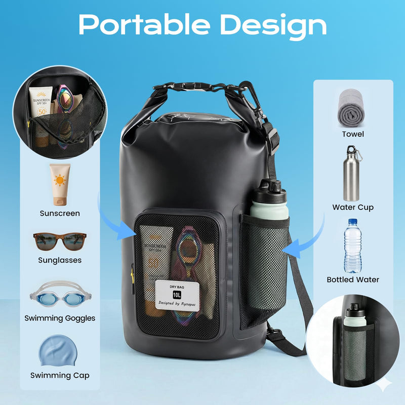 20L Waterproof Dry Bag with Bottle Holder & Mesh Pocket, 500D PVC Tarpaulin Roll Top Dry Sack with Inner Waterproof Adsorption Film, Large Dry Storage Bag for Kayaking, Camping, Beach, Boating Black - [Wirh Phone Pouch] 20L