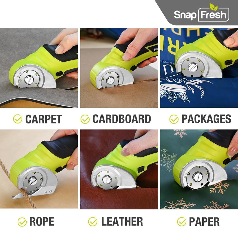 SnapFresh Cordless Electric Scissors, 4V Electric Mini Box Cutter, Carpet & Cardboard Cutter Tool with a Replacement Blade/Charger, Rotary Cutter for Cardboard Packages Leather Plastic （Green） Green