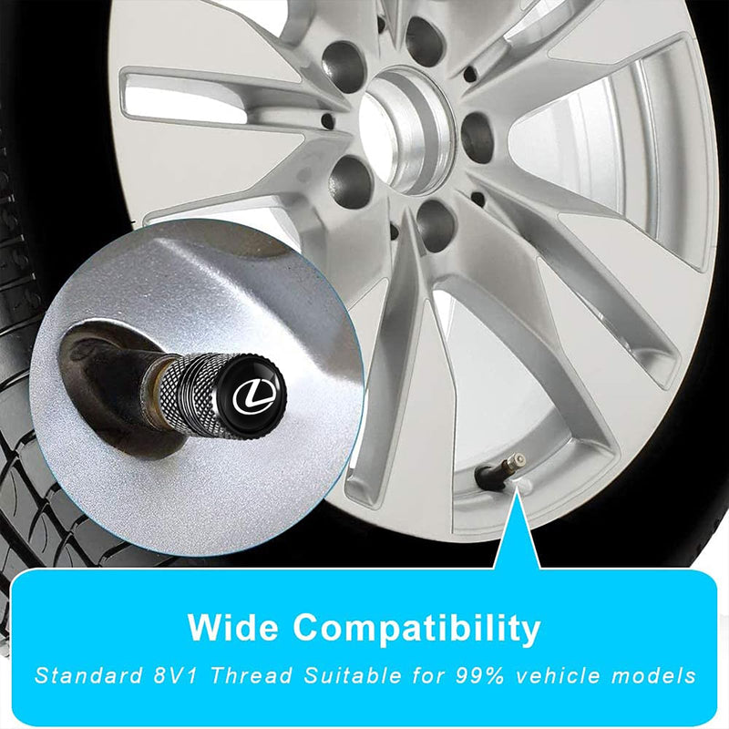 Tire Valve Stem Cap for Lexus Metal Tire Stem Cover with Belt O-Ring Air caps Sports Accessories 4 Pieces (Black) Black-04