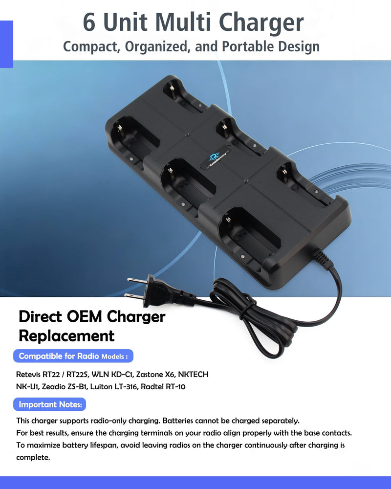 6-Way Multi-Unit Charger for Retevis RT22 RT22S WLN KD-C1 Zastone X6 NKTECH NK-U1 Zeadio ZS-B1 Luiton LT-316 Radtel RT-10 Walkie Talkie and Battery