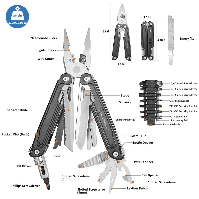GrandHarvest 17-in-1 Stainless Steel Multi-Tool, self-locking practical multi-tool, equipped with large multi-purpose pliers, folding knife, belt clip, and nylon sheath, men's gift, EDC multi-tool