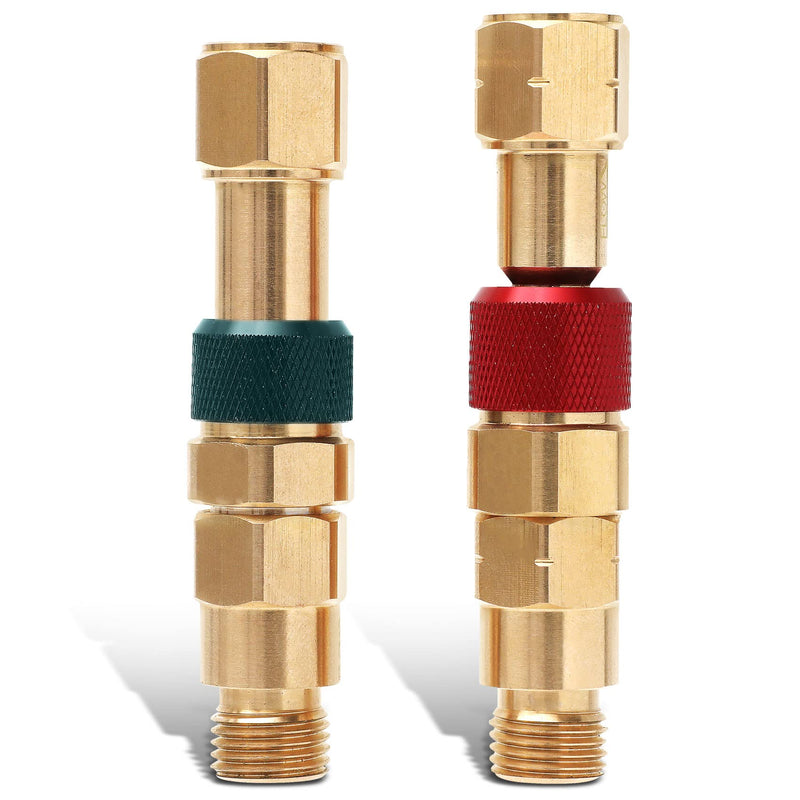 Upgraded QDB10 Torch to Hose Quick Connect Set, With Check Valves. Brass construction color coded for safety (oxy/green, fuel/red).