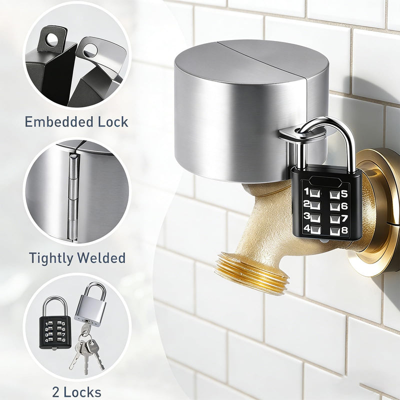Water Faucet Lock Outdoor, 2 Lock,Silver | Spigot Lock for Outside Faucet,Dual Anti-Theft, Stainless Steel Cover & Padlock Kits, For 1.3-2.5" Valves Hose Bibs Silver