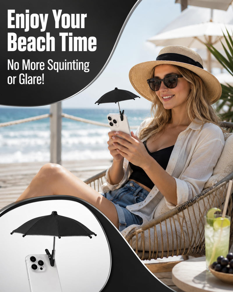 Phone Umbrella for Sun, Clip-On Phone Umbrella Mini Tanning Cellphone Sun Shade Screen UV Protection for iPhone iPad Laptop Kindle Outdoor Travel Beach Pool Gifts Accessories Vacation Essentials Black