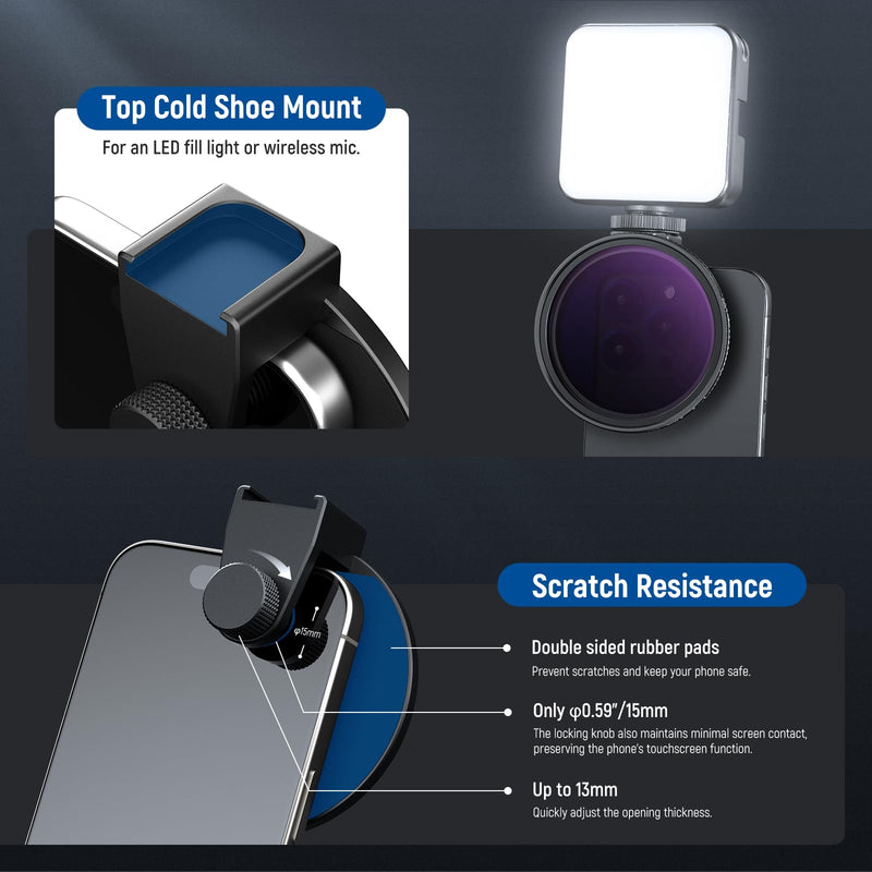 NEEWER 67mm Clip On Variable ND2-ND32 Phone Lens Filter Kit, Phone Clip with Threaded Adapter Ring/Cold Shoe/Locking Knob, HD Variable ND Filter for iPhone 15 Pro Max 14 13 Galaxy S22 S23 S24 Ultra