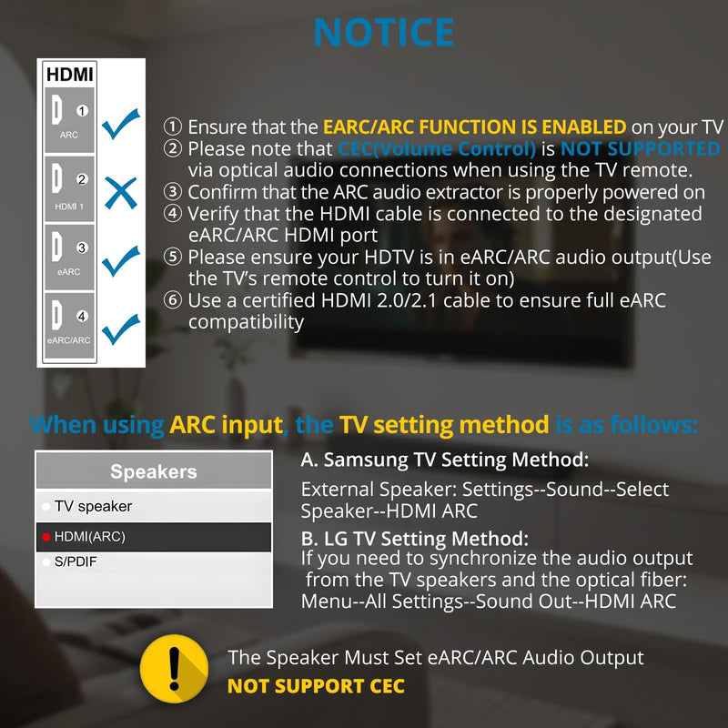  [AUSTRALIA] - AUTOUTLET HDMI eARC to Optical Audio Adapter - eARC/ARC to Optical Converter for TVs, Soundbars, Home Theaters, and Audio Systems, Support 192KHz Sampling Rate, Dolby 5.1 and DTS 5.1(NO CEC) HDMI eARC/ARC to Optical Conventer Not support CEC