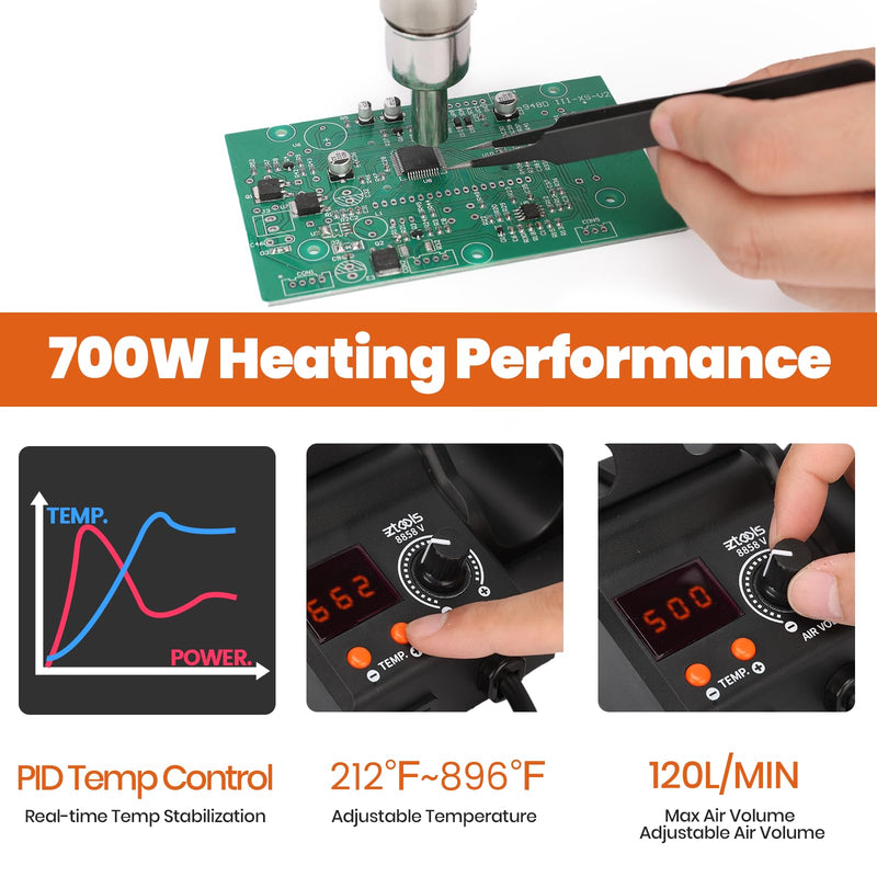 8858-V Compact Entry-Level Hot Air Rework Station Iron Kit with Integrated Design, 3 Hot Air Nozzles, PID Temp Control, Adjustable Temp & Air Volume, °C/°F Conversion, Auto Stand-by Mode