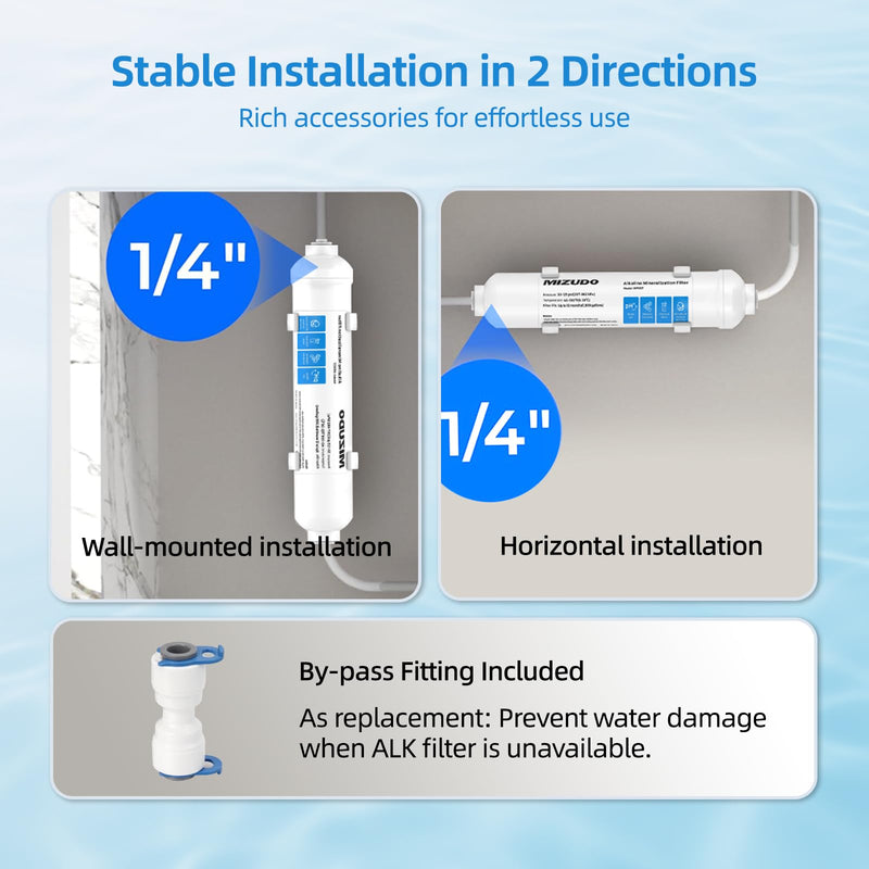 MIZUDO 12 Months Remineralization Filter, 1/4" Quick Connect Alkaline Filter for RO Reverse Osmosis System Under Sink, PH Balance and Restore Minerals, 10-inch PH Alkaline Filter