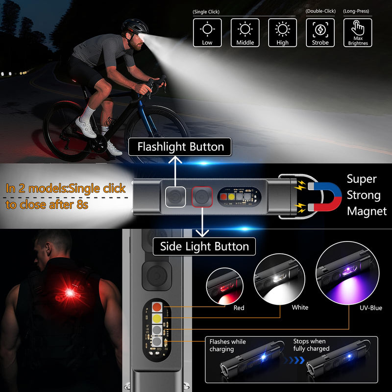  [AUSTRALIA] - SKYFIRE 2Pack Rechargeable EDC Flashlight with Electric Lighter,Clip and Magnetic Base,Mini Flash Lights with UV Red and White LED Light Portable Pocket Light for Outdoors Indoor Emergency Working