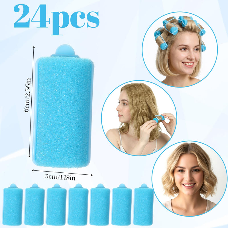  [AUSTRALIA] - 24Pcs Blue Sponge Rollers for Hair, Sponge Hair Rollers(2.36×1.18",Blue) | 6x3cm.Soft,Lightweight,No-Heat,Overnight Safe.80g Set.For All Hair Types,Curls,Bangs,Travel