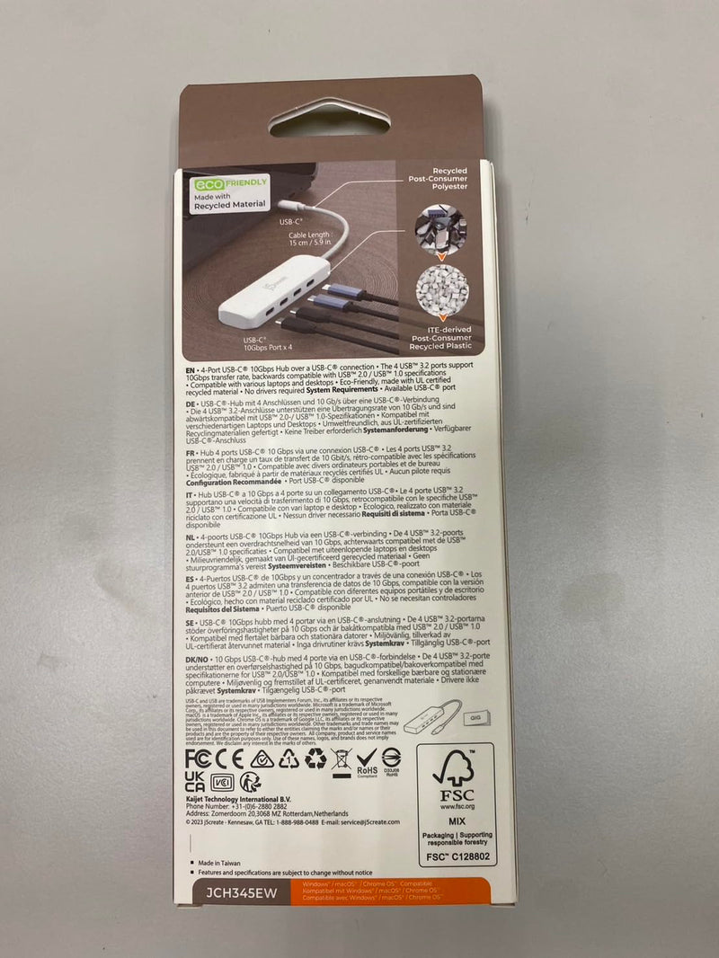 j5create 4-in-1 USB-C to 4-Port 10Gbps Type-C Hub, Eco-Friendly, Compatible with MacBook Pro, MacBook Air, iPad, Mac mini, Windows Laptop, and More(JCH345EW) Natural White