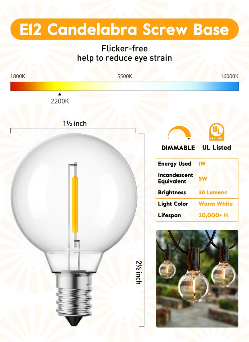 Brightown G40 Led Replacement Light Bulbs, 1W Shatterproof Globe Plastic Bulb Fits E12 or C7 Candelabra Screw Base, 1.5 Inch Dimmable Light Bulbs for Indoor Outdoor Patio Decor, Warm White, 50 Pack Clear-led