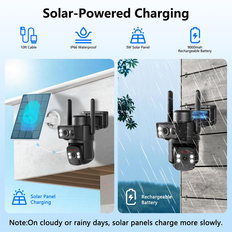 BEENOCAM Solar Security Cameras Wireless Outdoor, 2.4g & 5g WiFi 6, Dual Lens Home Security Camera with 6MP Color Night Vision/Motion Detection/Human Tracking/360°PTZ/2-Way Audio/Waterproof Black