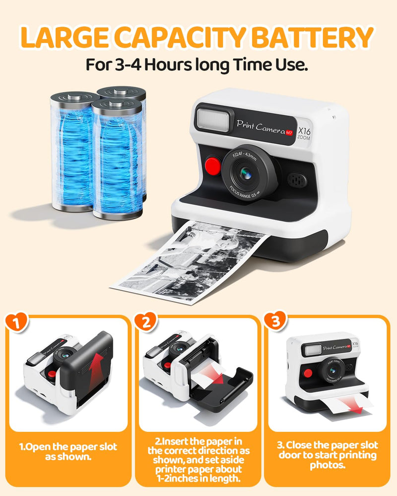 CalineGam Kids Instant Print Camera, 1080P HD Dual Lens with 32GB Card | 2.4" Screen Kids Camera with 3 Paper Rolls, 16X Zoom, Christmas Birthday Gifts for Girls and Boys Age 3-12 White