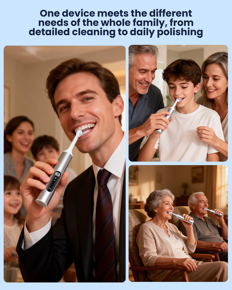 Tooth Polisher, Electric Rechargeable Teeth Polishing Kit with LED Auxiliary Light, 6 Brush Heads & 5 Polish Paste, 4 Modes, IPX6 Waterproof, Easy to Use Tooth Polishing Tool for Home（Sliver） Sliver