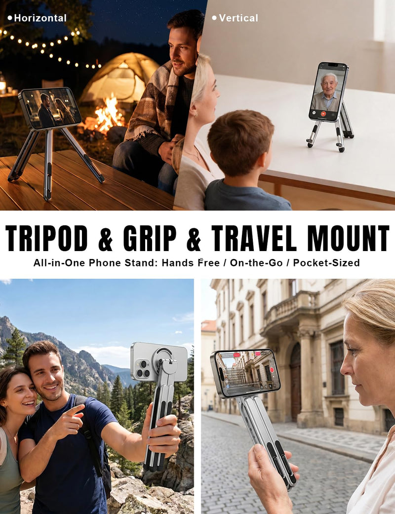4-in-1 Foldable Laptop Stand & Magnetic Phone Holder, Silver Aerospace Aluminum Portable Desk Mount with N52 MagSafe Compatible Tripod Handle for MacBook Pro, iPad, Travel & Vlogging