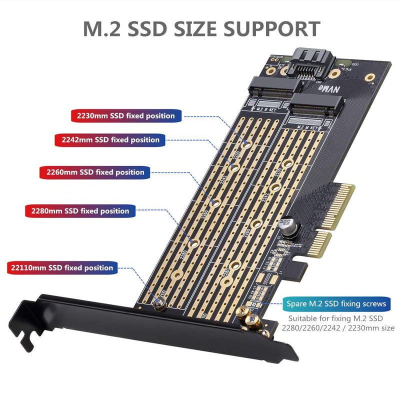 Dual M.2 PCIE Adapter for SATA or PCIE NVMe SSD with advanced heat sink solution,M.2 SSD NVME (m key) and SATA (b key) 22110 2280 2260 2242 2230 to PCI-e x 4 Host Controller Expansion Card