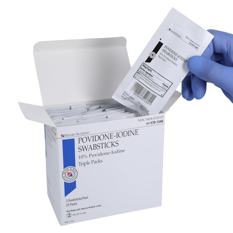Henry Schein Prep Povidone-Iodine Swabsticks 3's, Individually Packed, Sterile, Antiseptic for Skin Preparation, 10% Povidone-Iodine- 50 Count (Pack of 2) White 50 Count (Pack of 2)