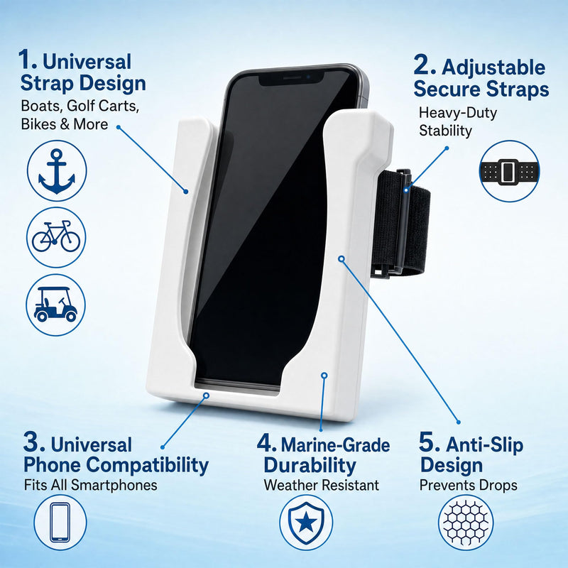 White Boat Phone Holder, Marine Cell Phone Mount for Boating – Made for Boa Pole Shaped Strap On Design with iPhone and Smartphone