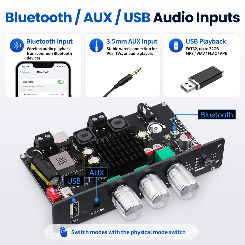 TW100U Mono Bluetooth Amplifier Boards, 2-PCS | 2 TPA3116D2 mono boards with TWS pairing, Bluetooth, AUX and USB inputs plus bass-treble controls, DC 12-24V.