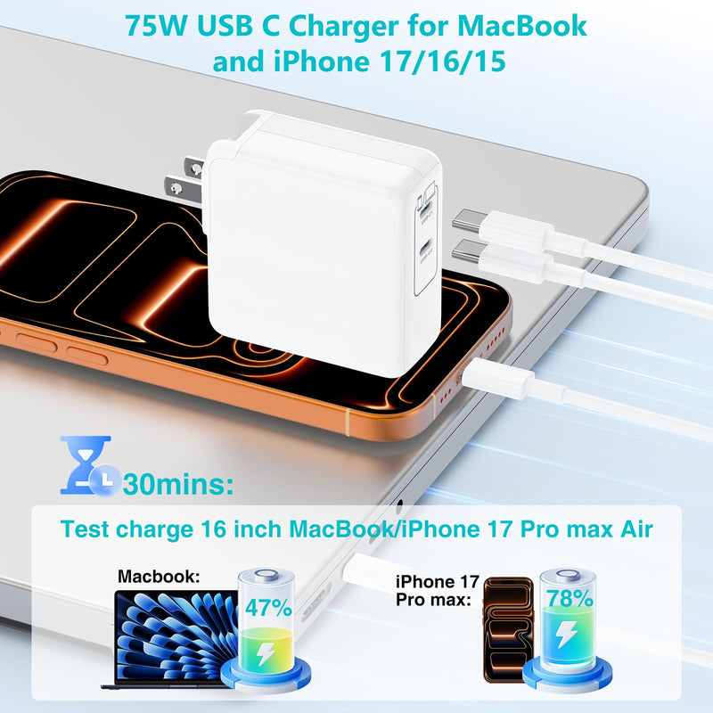 USB C MacBook Charger for MacBook Pro/MacBook Air 16 15 14 13 Inch 2025 2024 2023 2022 2021 2020 2019 M5 M4 M3 M2 M1,2Pack 75W USBC Laptop Power Adapter with 3+6+6+10ft USBC Cable for iPhone 17/16/15 White 3/6/6/10ft