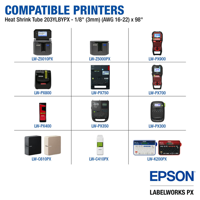 Epson LABELWORKS 203YLBYPX Tape Cartridge - Black on Yellow Shrink Tube Industrial Label Maker Tape - AWG 16-22, 1/8" (3MM) Wide, 8 ft (98") 3MM(16-22AWG)