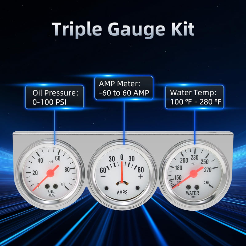 ARTILAURA Triple Gauge Set (Oil Pressure Gauge+ AMP+ Water Temp) 3 in1 52mm 2inch Triple Gauges Dashboard Ammeter Auto 3 Gauge Cluster Kit
