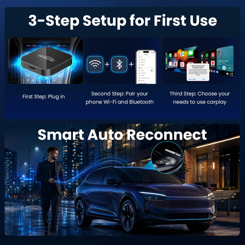 3-in-1 Magic Video Box—Wireless CarPlay & Android Auto Adapter Support Netflix,YouTube,TikTok,TF Card,Wired-to-Wireless Conversion, No Latency Car Play AI Box for Cars from 2016 & IOS10+/Android 11+ Black
