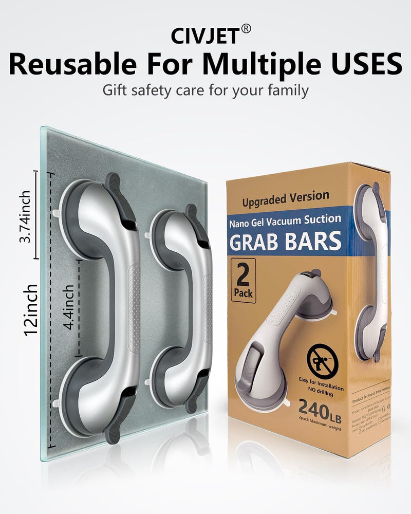 2 Pack Suction Cup Shower Grab Bars for Seniors, Heavy Duty Removable Shower Handles for Bathtubs & Showers, Bath Handrails for Elderly Assistance Products, Bathroom Safety Accessory Silver -2PK