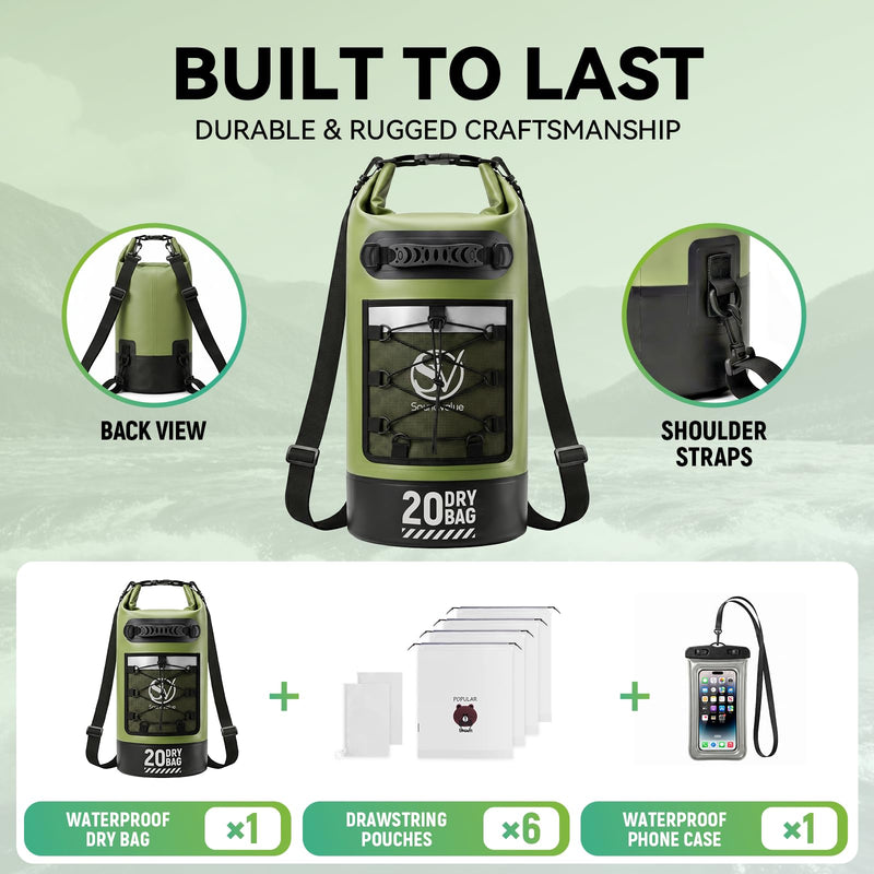 Waterproof Dry Bag - Waterproof Floating Backpack for Kayaking, 10L/20L/30L Waterproof Pouch for Beach,Travel, Swimming, Boating, Paddle Board, Rafting, Camping, Hiking Green 20L