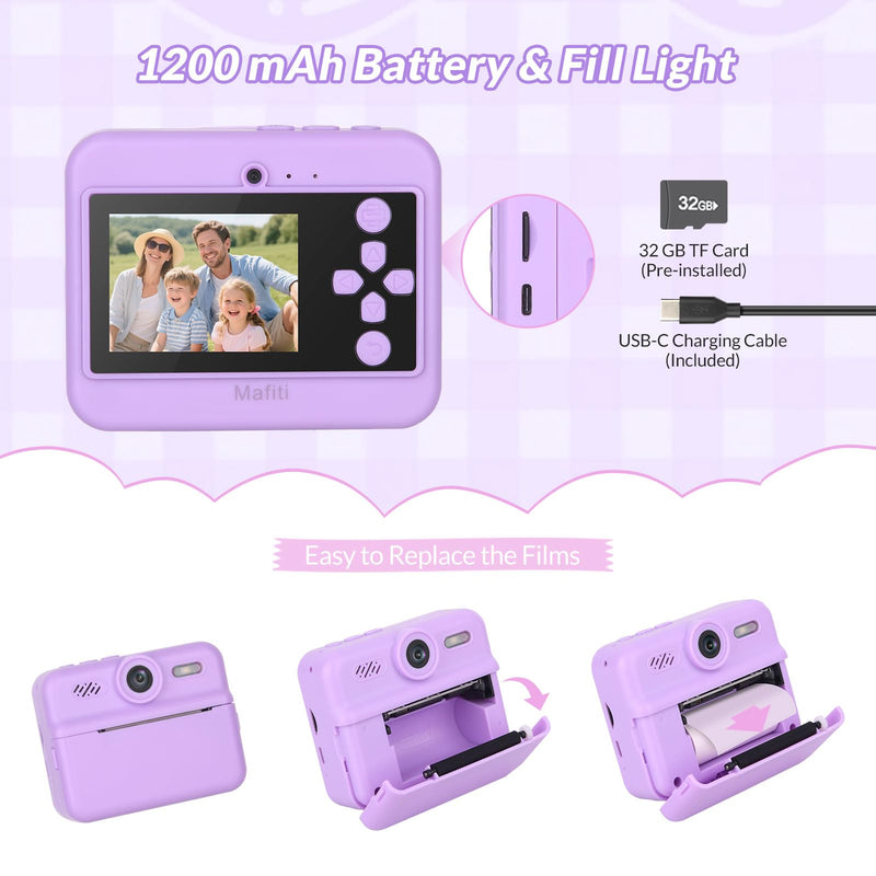 Mafiti Kids Camera Instant Print, 48MP Digital Camera Selfie 1080P Video with 32G TF Card, Toys Gifts for Girls Boys Aged 3-12 for Christmas/Birthday/Holiday (Purple) Purple