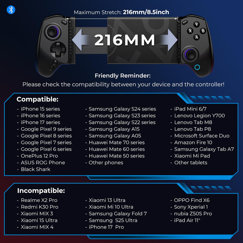 abxylute S8 Bluetooth Mobile Gaming Controller for Switch 1&2, iPhone iPad Android Phones Tablets, Portable Wireless Gamepad with Hall Joystick, Hall Trigger, Customizable Buttons＆Key Mapping (black) black