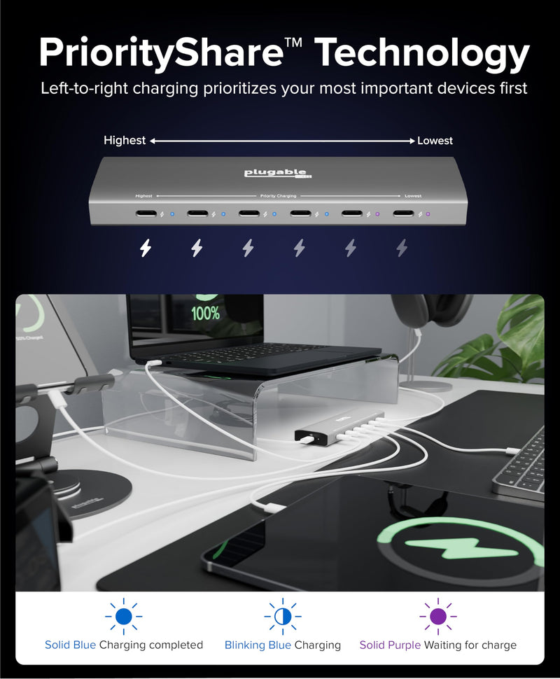 Plugable 6 Port USB C Charging Station, Up to 100W Charger for Multiple Devices with Priority Charging, Desktop Power Hub for USBC Devices Including Laptops Phones Tablets Earbuds and More (PS-6CC)