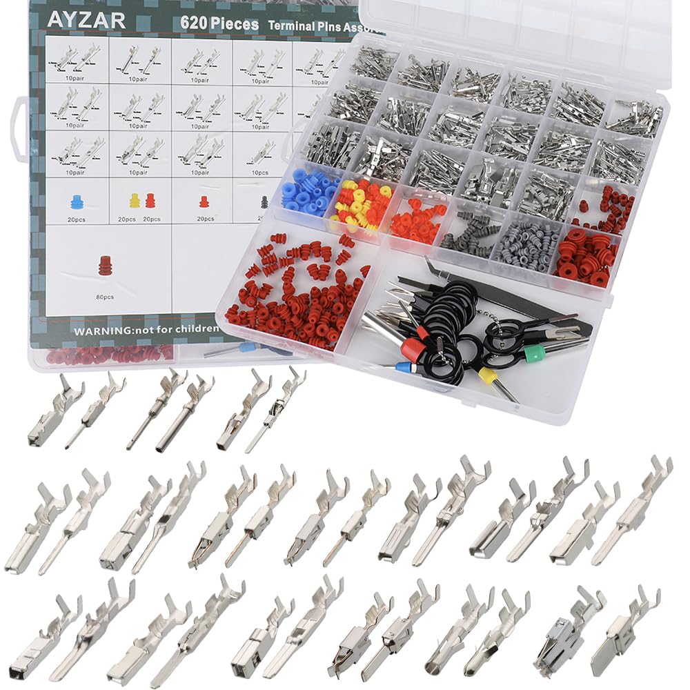 620Pcs Automotive Car Electrical Pins Terminal Pins Connector Kit Metri-Pack pins kit Male&Female Wire Pins Connector Terminal Pin Wire Harness Pins 0.6/1/1.2/1.5/1.8/2.2/2.3/2.8/6.3mm