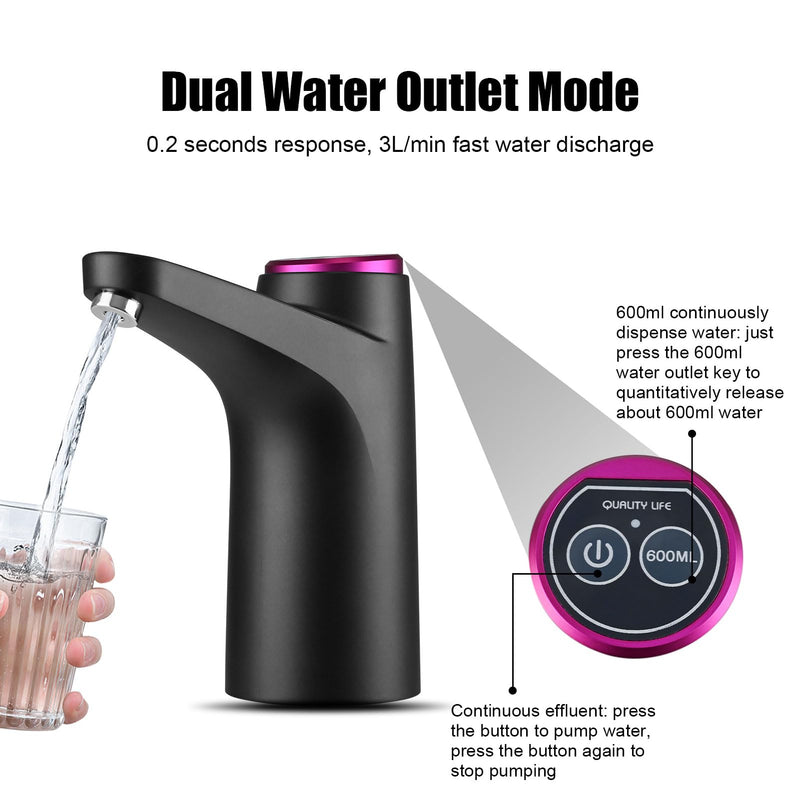 5 Gallon Water Pump with Mobile Base, USB Rechargeable Electric Water Dispenser for Bottle, Portable Automatic Pump Anti-Shake for RV Camping Home Office - Black
