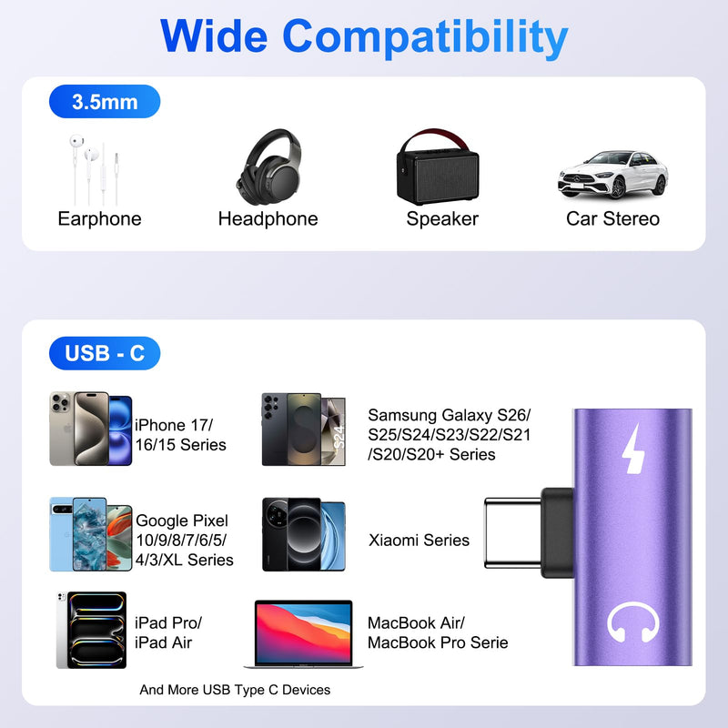 USB C to 3.5mm Audio Adapter 2 in 1 Type-C to Aux Headphone Hi-Res Adapter | with 60W Fast Charger for iPhone 17e/17 Pro Max/16e/16/15 Pro Max/Samsung Galaxy S26 Ultra/S25/S24/S23/S22/S21/S20/A17/A16 Purple