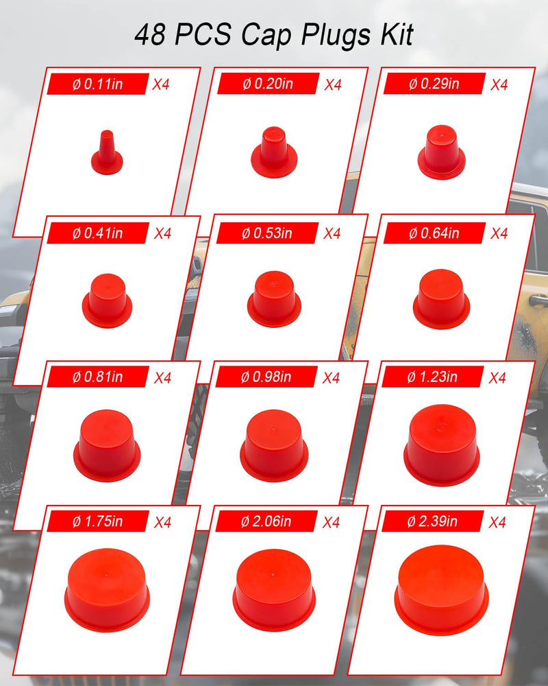 48 Pcs Automotive Cap Plugs Kit 0.11" to 2.39" Fit for AutoLine Pro, Autool, MR CARTOOL, OTC, Plastic Tapered Wide Thick Flange Hose Caps