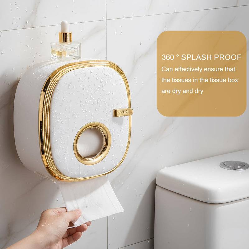 Adhesive Wall Mounted Toilet Paper Holder for Bathroom, Double Layer Space-Saving Organizer with Sealed Enclosed Design, No Drill Installation - White Gold