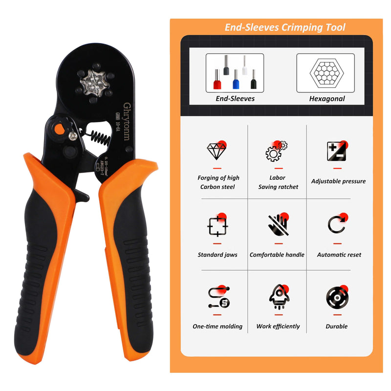 Ferrule Crimping Tool Kit, AWG 10-6 Self-adjustable Ratchet Wire Ferrule Crimper Plier Set with 1800pcs Wire Terminals Crimping Connectors Wire Ends Ferrules, Black/Orange With 1800pcs Wire Connectors