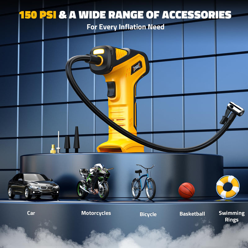 150PSI Tire Inflator Portable Air Compressor: Cordless Air Pump Compatible with Dewalt 20V Battery - Car Tire Pump with Digital Pressure Gauge & LED Light for Auto, Motorcycles(Bare Tool) 150 PSI Yellow- Compatible With Dewalt 20v(baretool)
