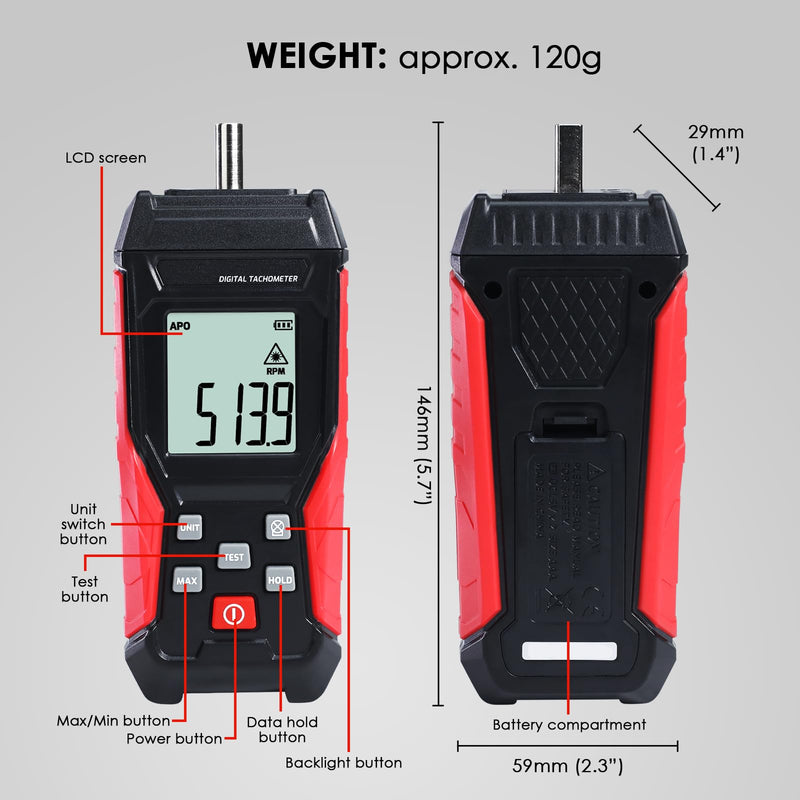 2-in-1 Digital Tachometer, Non Contact RPM Meter Laser Photo Tachometer 3~100,000 RPM, Contact RPM Tachometer 3~19999RPM Speed Meter with Data Hold, Max/Min/AVG