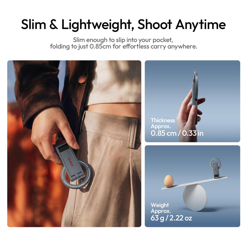 ULANZI MA62 Magnetic Phone Tripod Stand, Ultra-Slim 0.33in Pocket-Sized Foldable Kickstand, N52 Magnet Aluminum Alloy Mantis Hook Desktop Mount, 2.22oz Portable Mini Tripod for iPhone Android