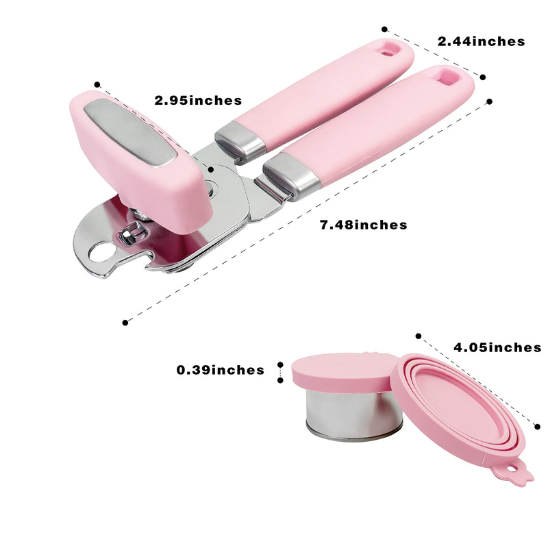 Manual Can Opener, Handheld Tin Opener Cork Screw, Easy Turn Knob, Built in Bottle Opener, Hangs for Convenient Kitchen Storage, Easily Open Tin Cans, 2 Silicone Lid Cover for Can, Pink 7.87 x 2.72 x 2.17 inches