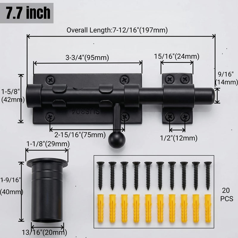 Barrel Bolt Latch,6.3 inch Slide Bolt Gate Latch,14mm Bolt Heavy Duty Shed Door Latch,304 Stainless Steel Black Finish Door Lock Latch for Barn, Wooden Fence, Slide,Door (2, Black-7.7inch) 2