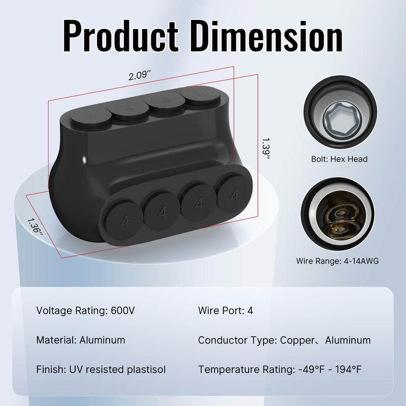 RVBOATPAT Single-Sided Entry 4 Port Insulated Connector Multi Tap Connector 4-14 AWG Aluminum to Copper Wire Connectors Slotted Allen Hex - 6 Pack 6PCS 4 port 4-14 AWG